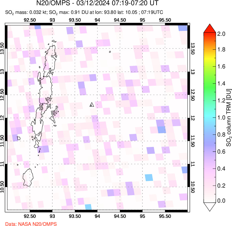 A sulfur dioxide image over Andaman Islands, Indian Ocean on Mar 12, 2024.