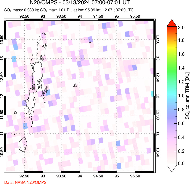 A sulfur dioxide image over Andaman Islands, Indian Ocean on Mar 13, 2024.