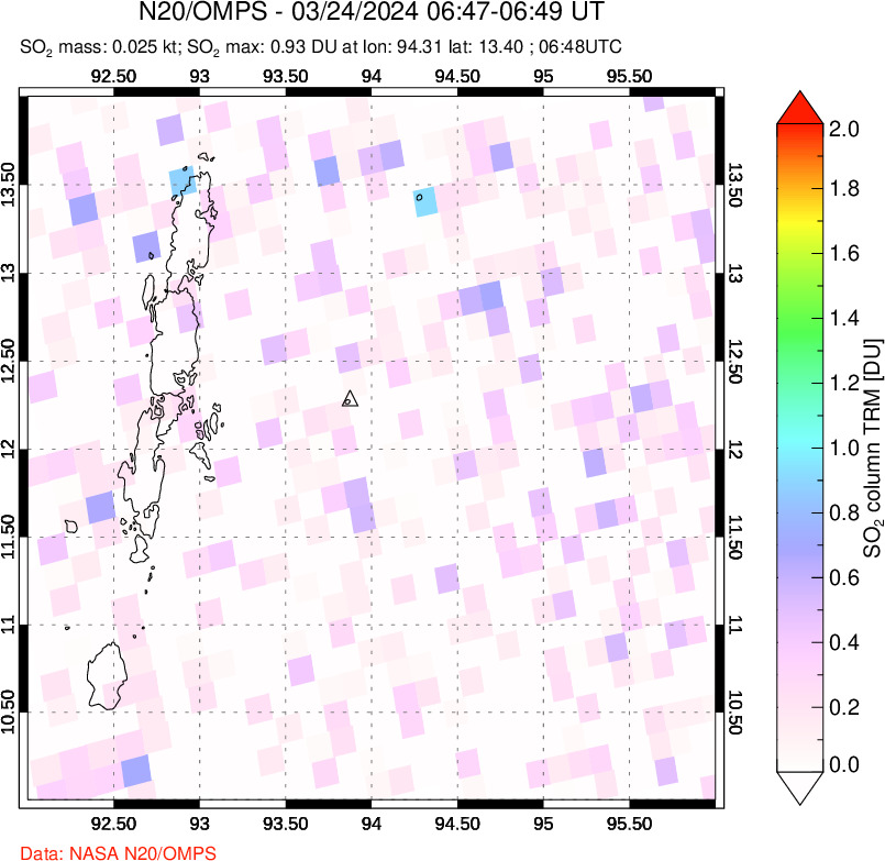 A sulfur dioxide image over Andaman Islands, Indian Ocean on Mar 24, 2024.