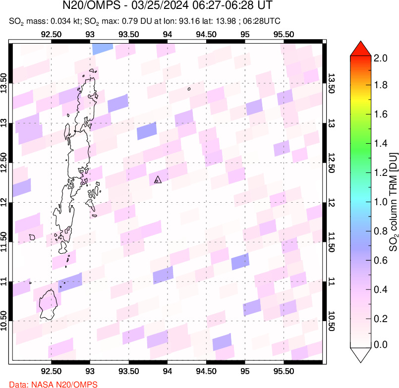 A sulfur dioxide image over Andaman Islands, Indian Ocean on Mar 25, 2024.