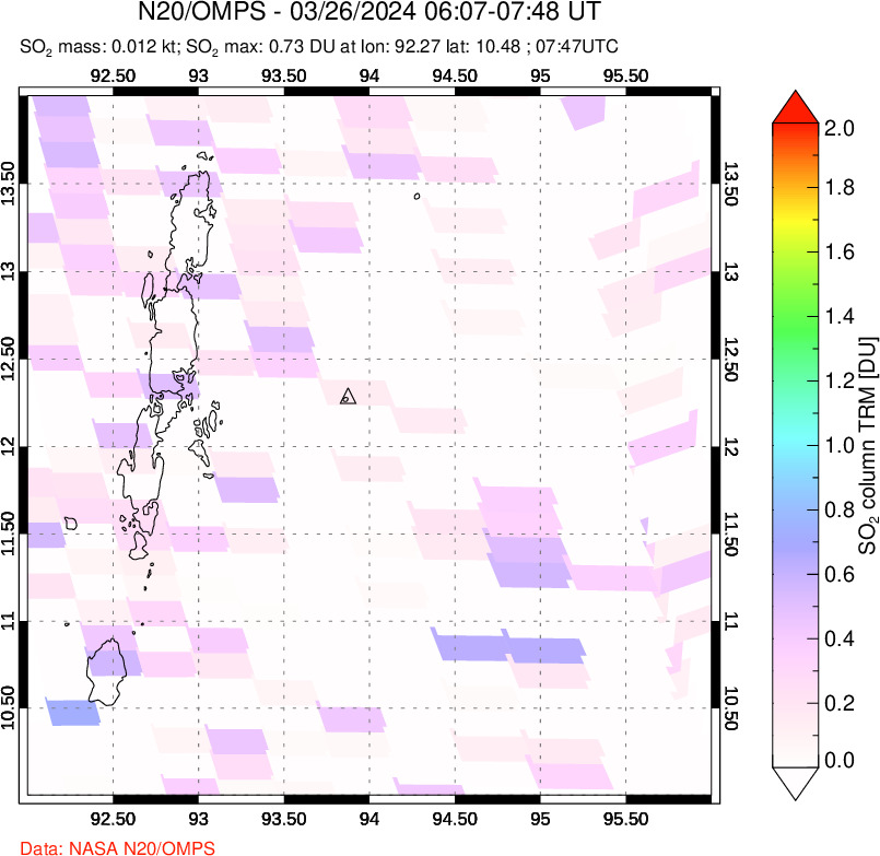 A sulfur dioxide image over Andaman Islands, Indian Ocean on Mar 26, 2024.