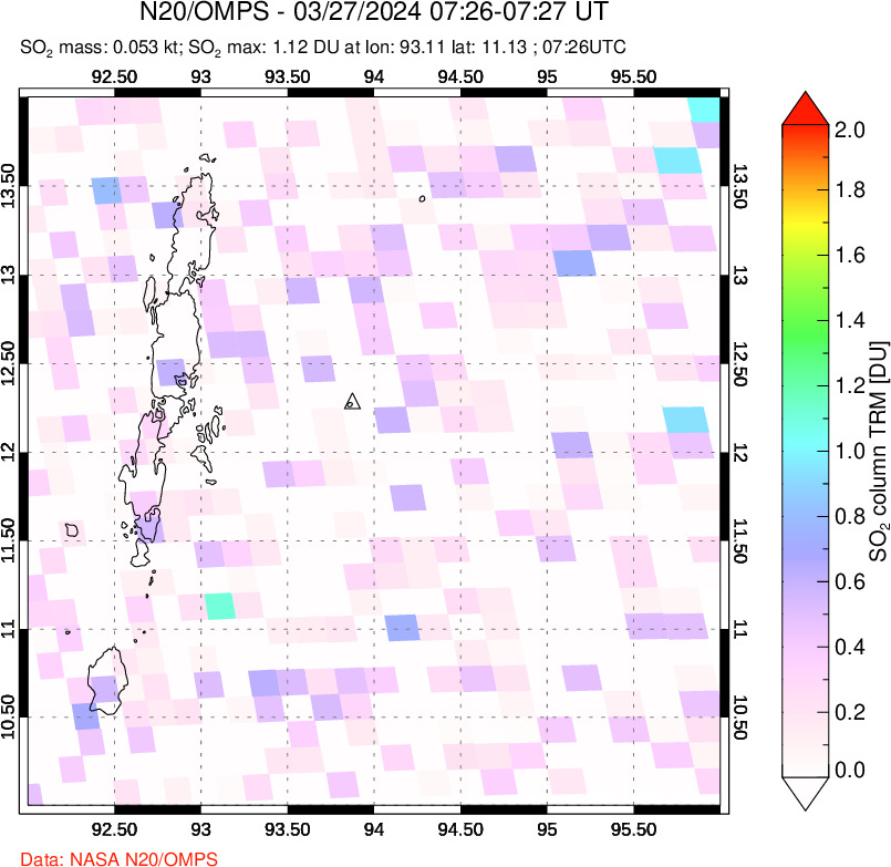 A sulfur dioxide image over Andaman Islands, Indian Ocean on Mar 27, 2024.