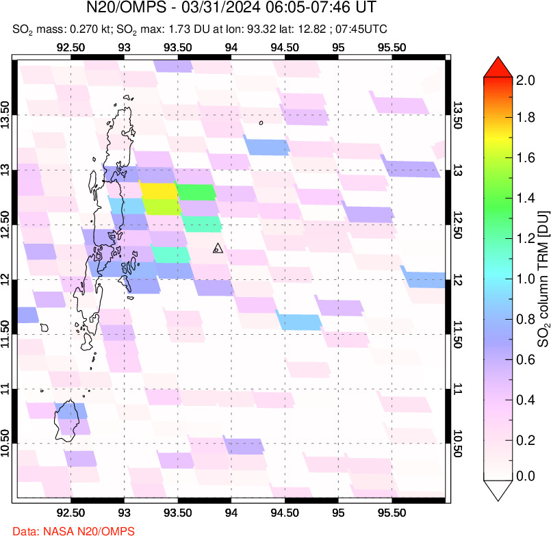 A sulfur dioxide image over Andaman Islands, Indian Ocean on Mar 31, 2024.