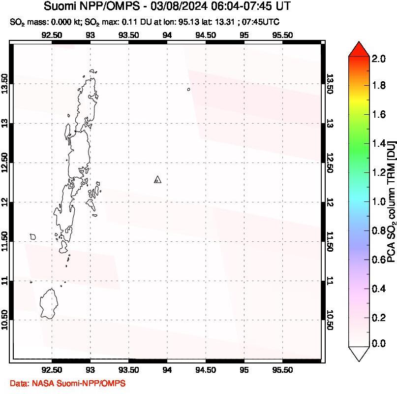 A sulfur dioxide image over Andaman Islands, Indian Ocean on Mar 08, 2024.