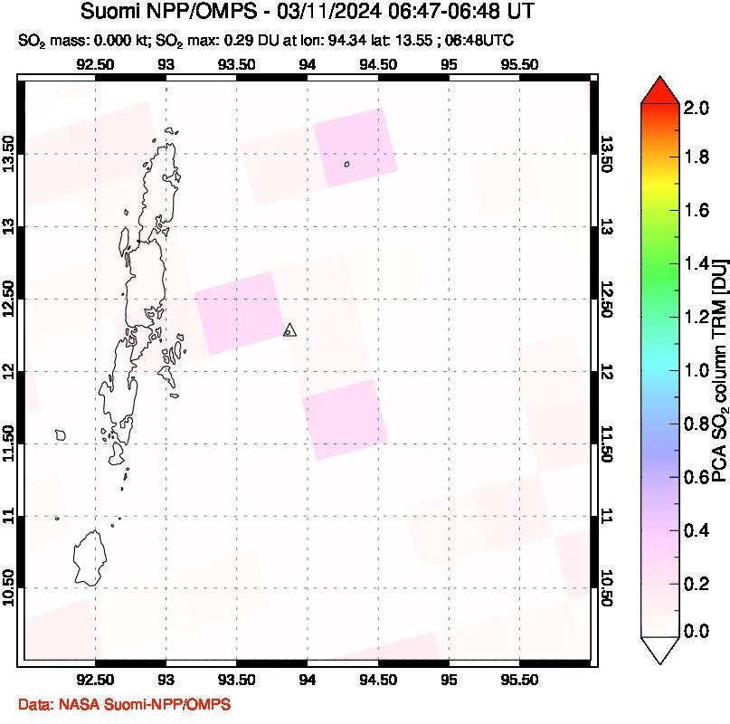 A sulfur dioxide image over Andaman Islands, Indian Ocean on Mar 11, 2024.