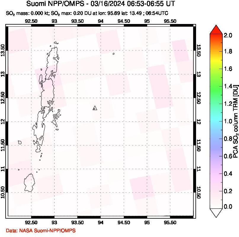 A sulfur dioxide image over Andaman Islands, Indian Ocean on Mar 16, 2024.