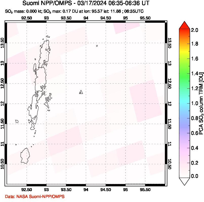 A sulfur dioxide image over Andaman Islands, Indian Ocean on Mar 17, 2024.