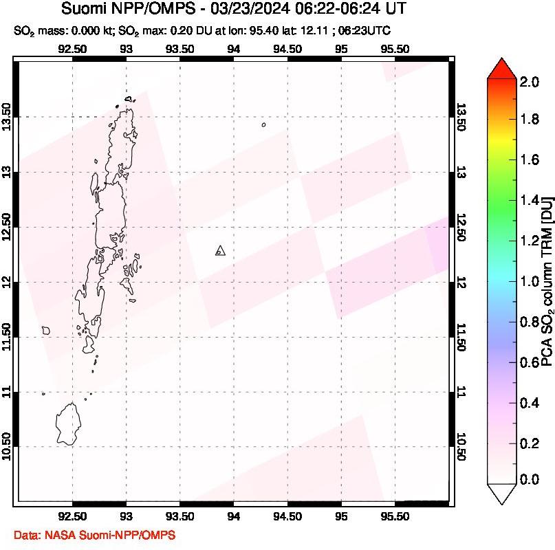 A sulfur dioxide image over Andaman Islands, Indian Ocean on Mar 23, 2024.