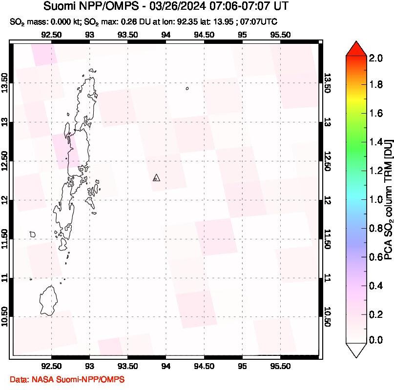 A sulfur dioxide image over Andaman Islands, Indian Ocean on Mar 26, 2024.