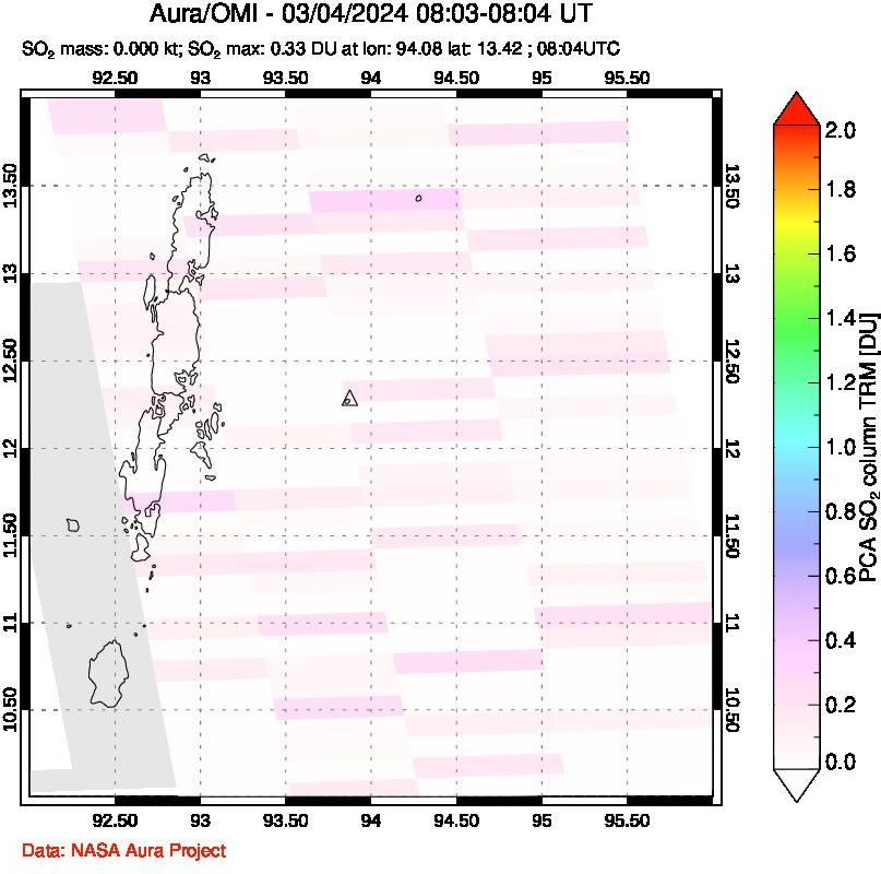 A sulfur dioxide image over Andaman Islands, Indian Ocean on Mar 04, 2024.