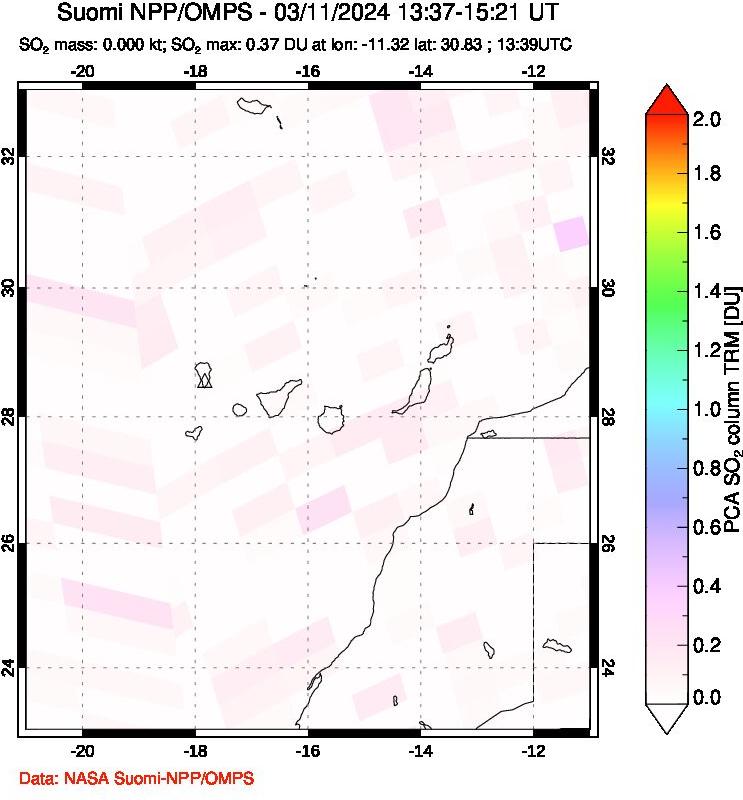 A sulfur dioxide image over Canary Islands on Mar 11, 2024.