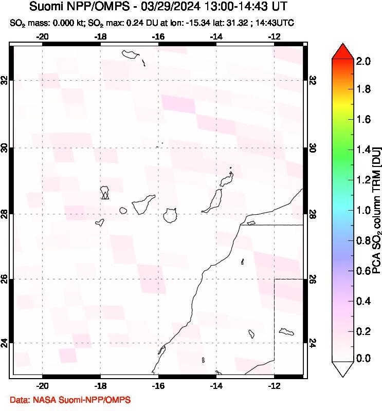 A sulfur dioxide image over Canary Islands on Mar 29, 2024.