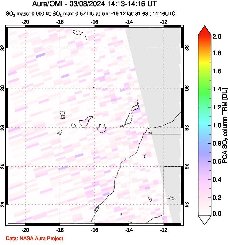 A sulfur dioxide image over Canary Islands on Mar 08, 2024.