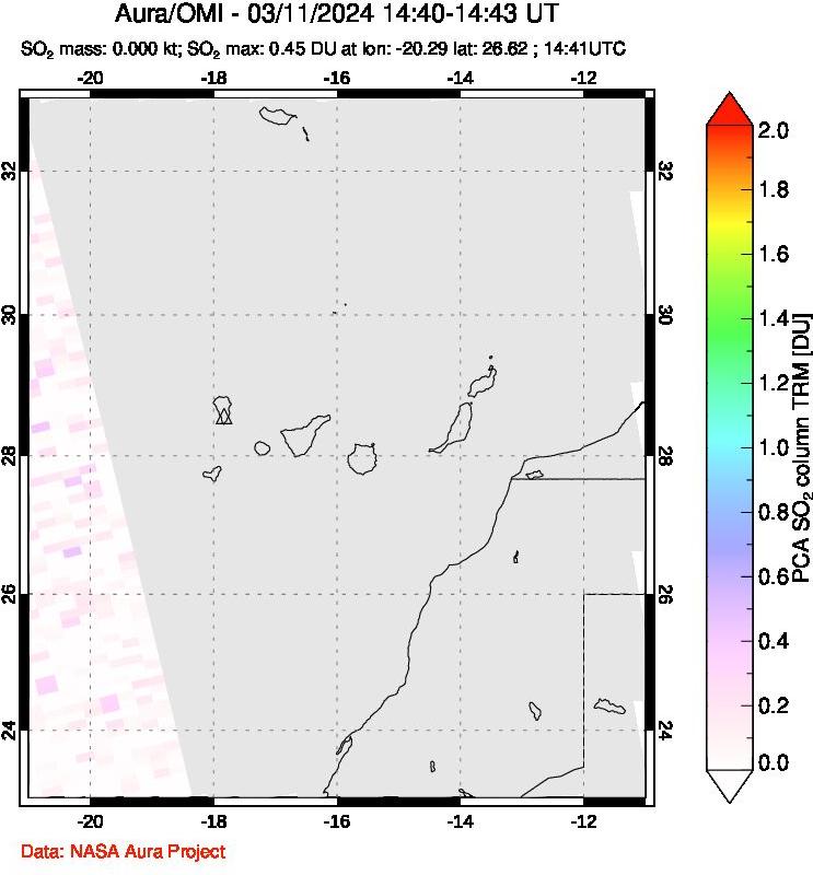 A sulfur dioxide image over Canary Islands on Mar 11, 2024.