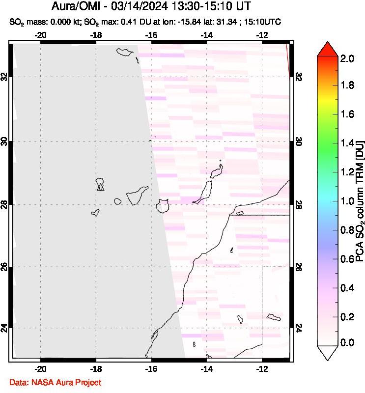 A sulfur dioxide image over Canary Islands on Mar 14, 2024.