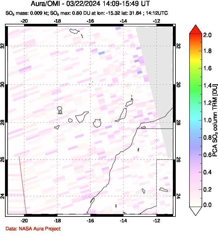 A sulfur dioxide image over Canary Islands on Mar 22, 2024.