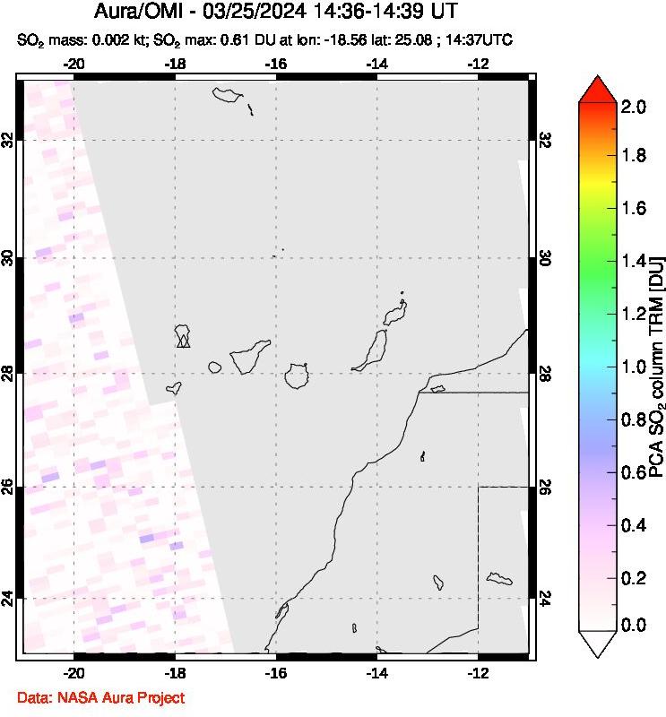 A sulfur dioxide image over Canary Islands on Mar 25, 2024.