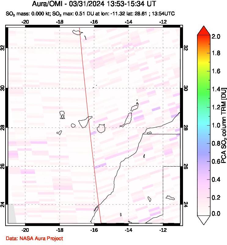 A sulfur dioxide image over Canary Islands on Mar 31, 2024.