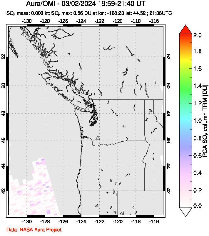 A sulfur dioxide image over Cascade Range, USA on Mar 02, 2024.