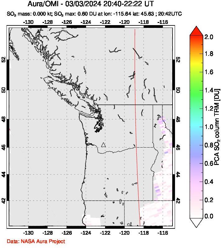 A sulfur dioxide image over Cascade Range, USA on Mar 03, 2024.