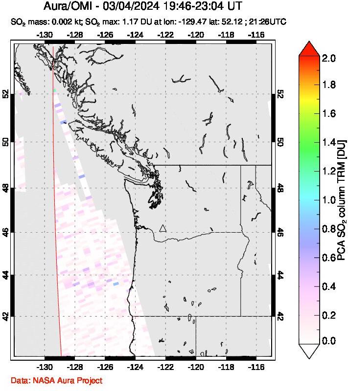 A sulfur dioxide image over Cascade Range, USA on Mar 04, 2024.