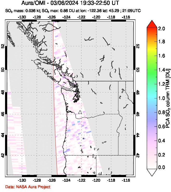 A sulfur dioxide image over Cascade Range, USA on Mar 06, 2024.