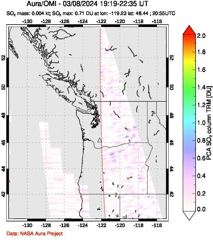 A sulfur dioxide image over Cascade Range, USA on Mar 08, 2024.