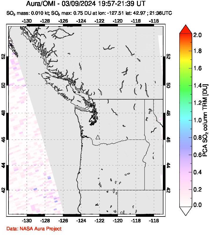 A sulfur dioxide image over Cascade Range, USA on Mar 09, 2024.