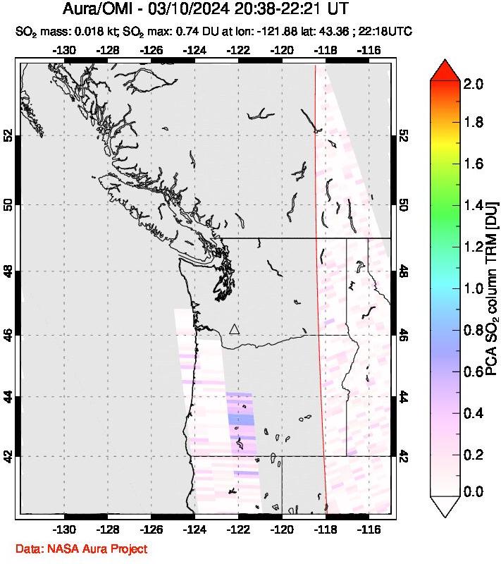 A sulfur dioxide image over Cascade Range, USA on Mar 10, 2024.