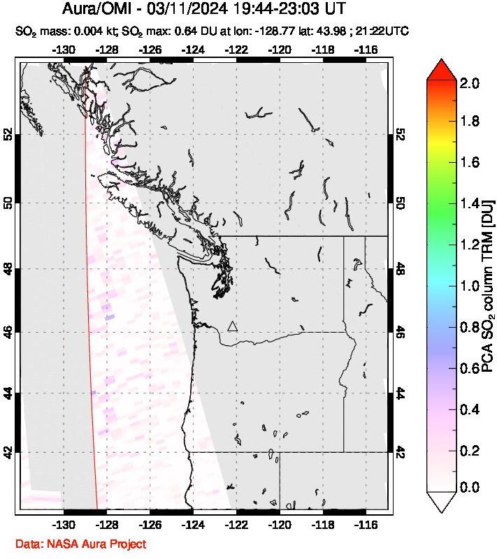 A sulfur dioxide image over Cascade Range, USA on Mar 11, 2024.