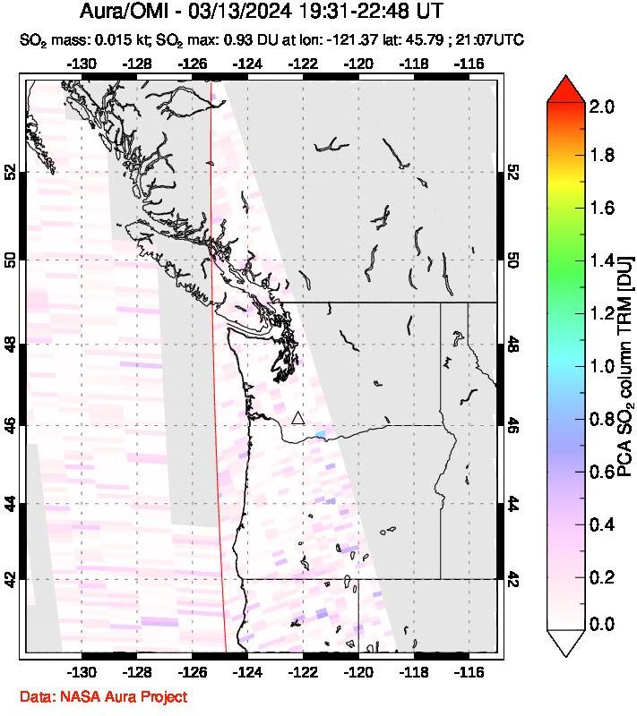 A sulfur dioxide image over Cascade Range, USA on Mar 13, 2024.