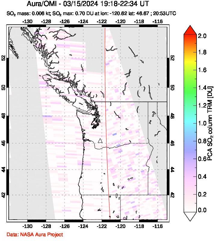 A sulfur dioxide image over Cascade Range, USA on Mar 15, 2024.