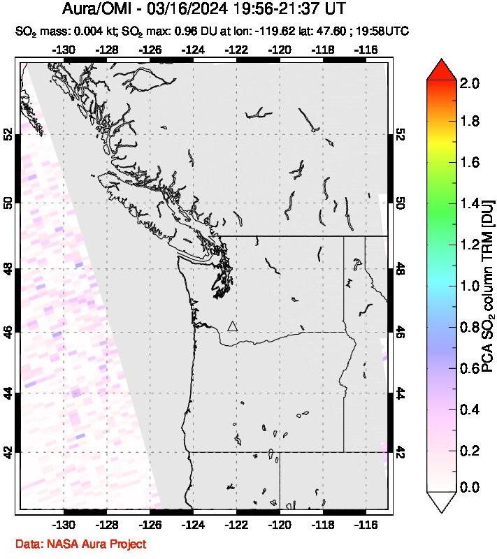 A sulfur dioxide image over Cascade Range, USA on Mar 16, 2024.