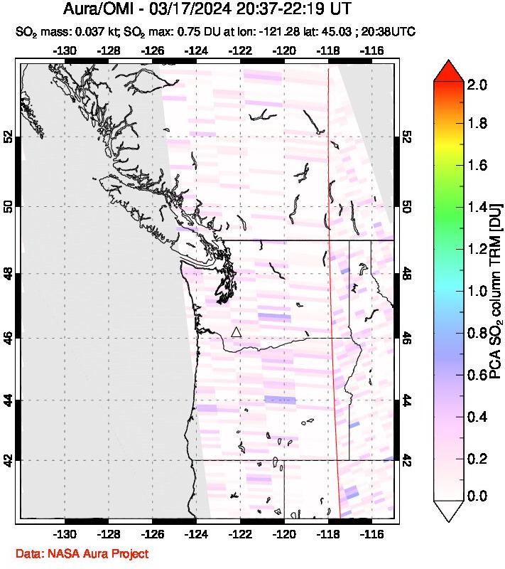 A sulfur dioxide image over Cascade Range, USA on Mar 17, 2024.