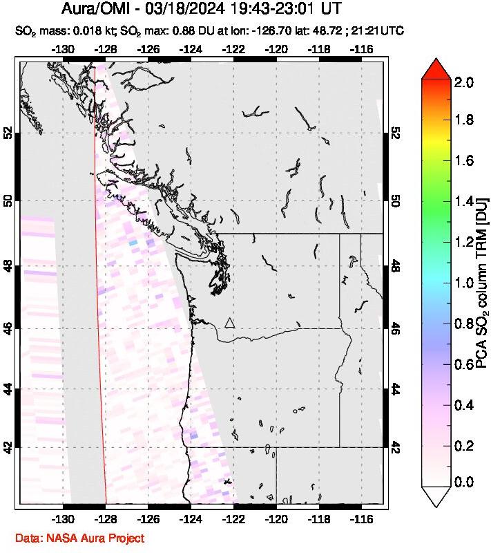 A sulfur dioxide image over Cascade Range, USA on Mar 18, 2024.