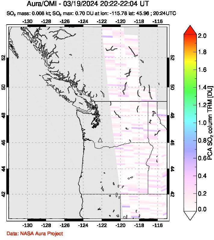 A sulfur dioxide image over Cascade Range, USA on Mar 19, 2024.