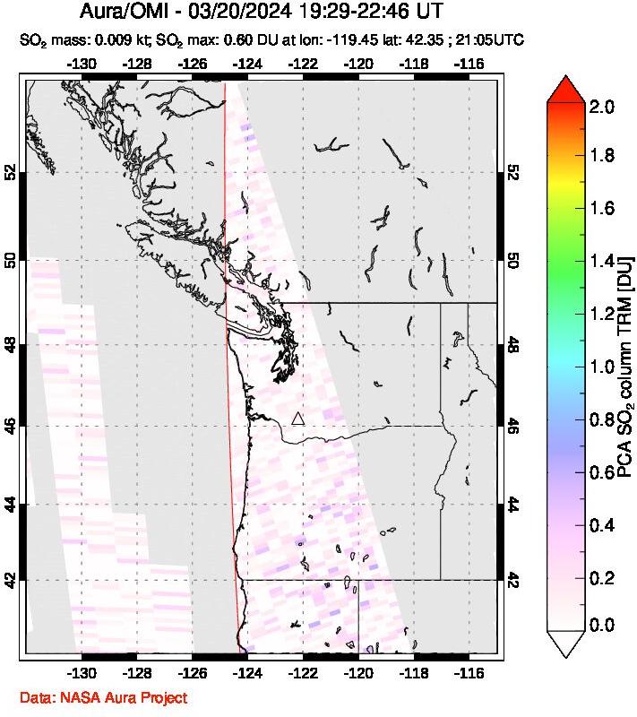 A sulfur dioxide image over Cascade Range, USA on Mar 20, 2024.