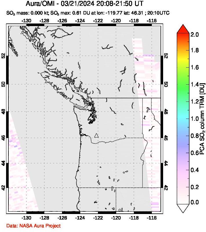 A sulfur dioxide image over Cascade Range, USA on Mar 21, 2024.