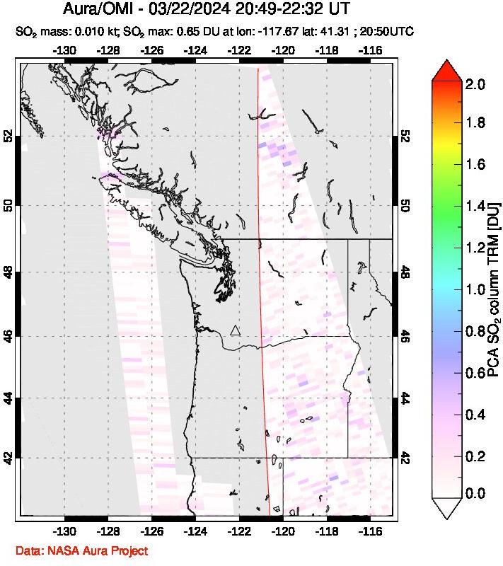 A sulfur dioxide image over Cascade Range, USA on Mar 22, 2024.