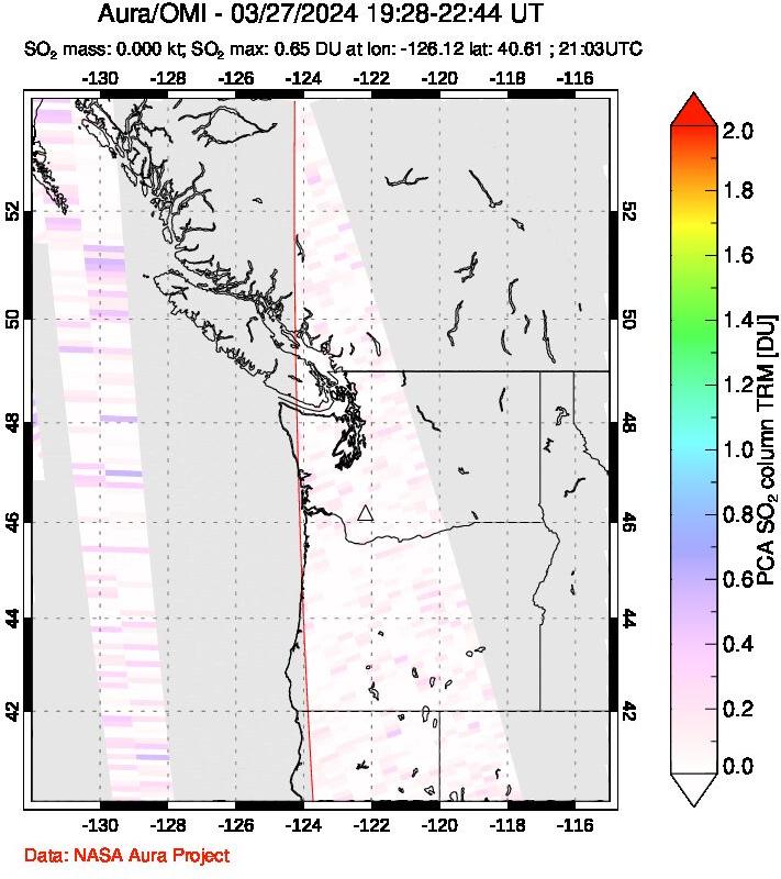 A sulfur dioxide image over Cascade Range, USA on Mar 27, 2024.