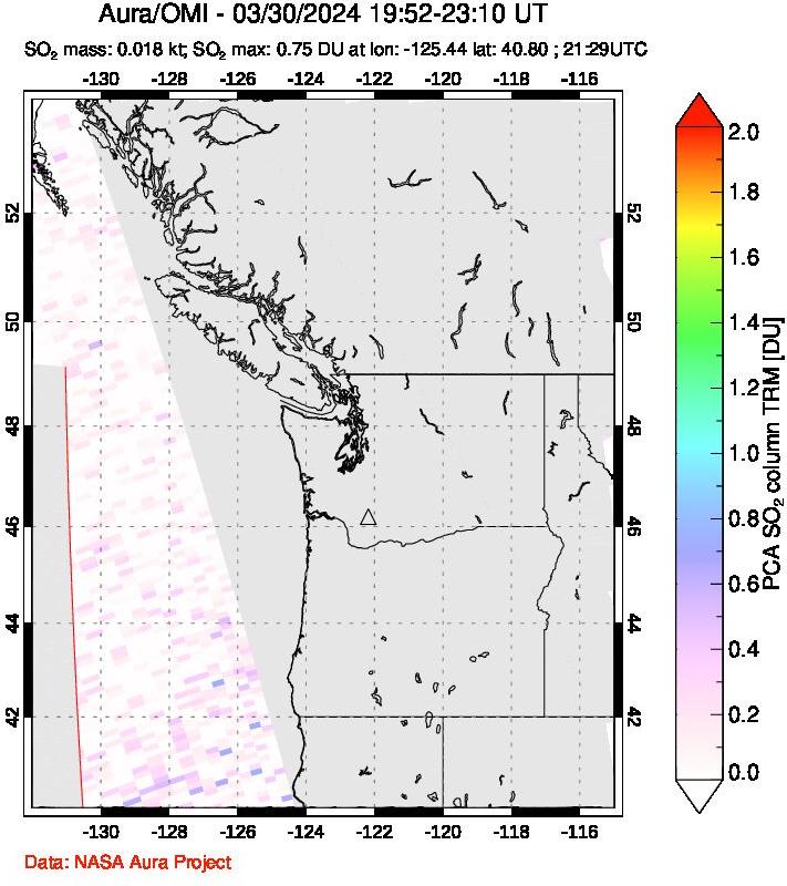 A sulfur dioxide image over Cascade Range, USA on Mar 30, 2024.