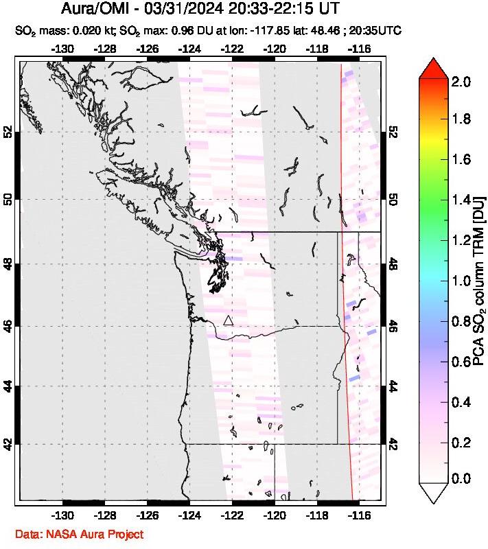 A sulfur dioxide image over Cascade Range, USA on Mar 31, 2024.