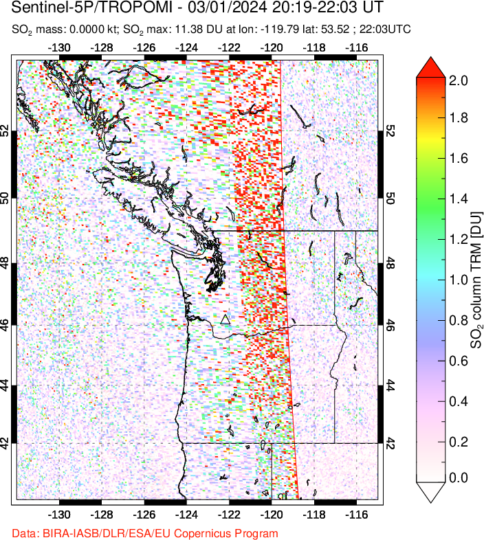 A sulfur dioxide image over Cascade Range, USA on Mar 01, 2024.