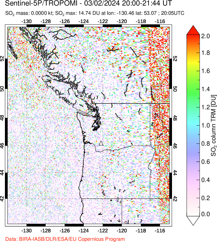 A sulfur dioxide image over Cascade Range, USA on Mar 02, 2024.