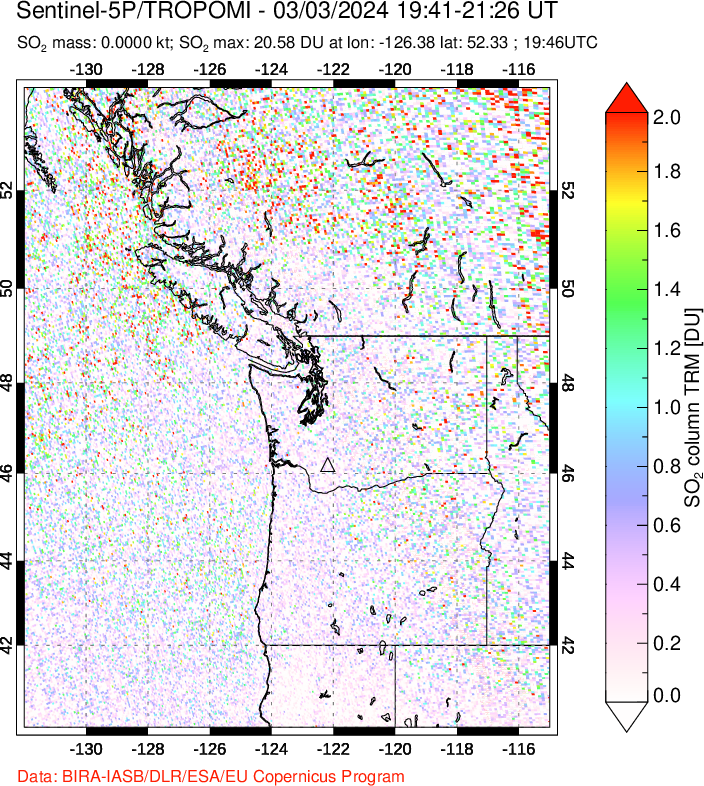 A sulfur dioxide image over Cascade Range, USA on Mar 03, 2024.