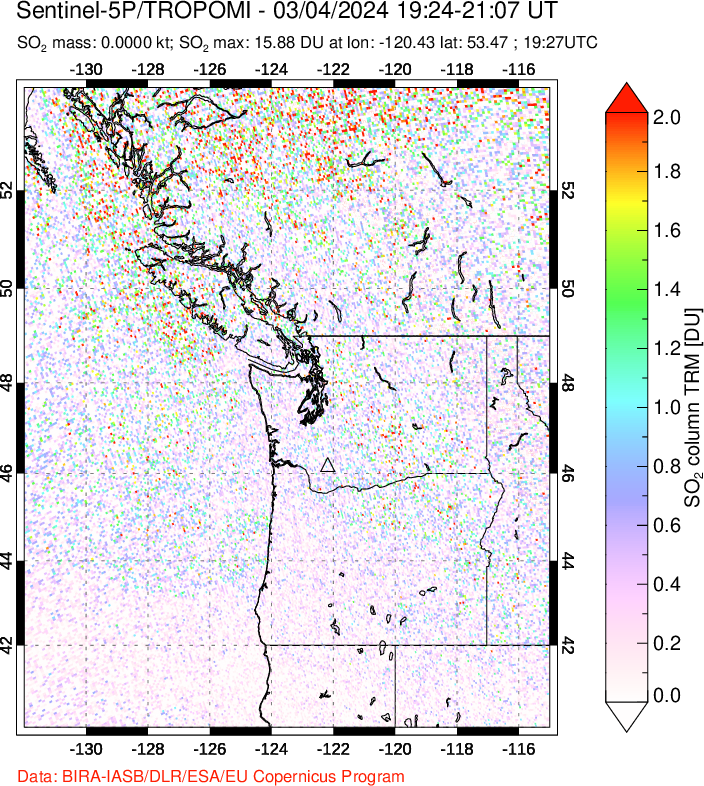 A sulfur dioxide image over Cascade Range, USA on Mar 04, 2024.