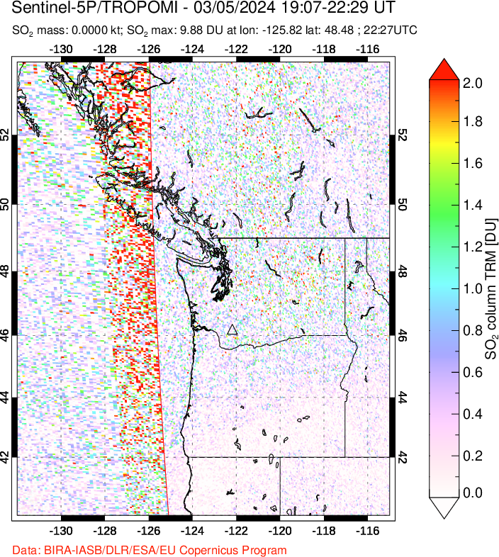 A sulfur dioxide image over Cascade Range, USA on Mar 05, 2024.