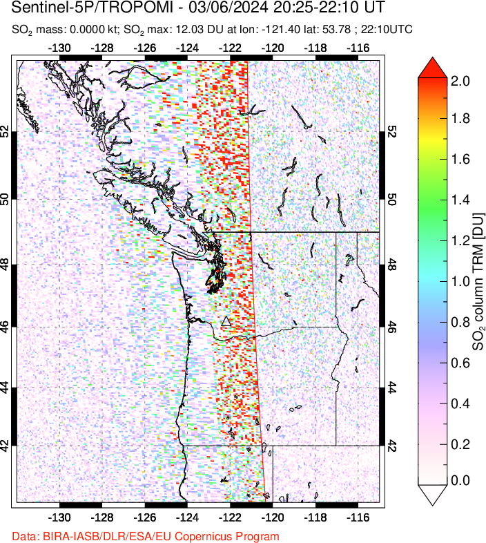 A sulfur dioxide image over Cascade Range, USA on Mar 06, 2024.