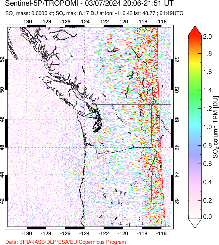 A sulfur dioxide image over Cascade Range, USA on Mar 07, 2024.