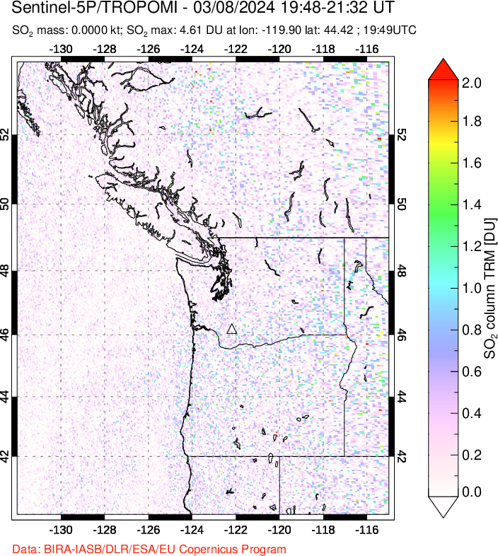 A sulfur dioxide image over Cascade Range, USA on Mar 08, 2024.